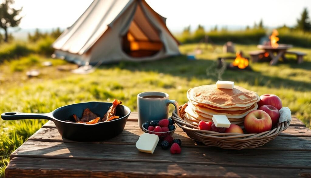 A rustic wooden table sits on a grassy knoll, bathed in soft morning light. In the foreground, a cast-iron skillet sizzles with golden-brown bacon, while a stack of fluffy pancakes and a steaming mug of rich coffee take center stage. Beside them, a basket overflows with juicy berries, crisp apples, and a pat of creamy butter. In the background, a canvas tent and a crackling campfire hint at the outdoor adventure to come. The scene exudes a warm, inviting atmosphere, perfectly capturing the essence of a nourishing camping breakfast. A rustic wooden table sits on a grassy knoll, bathed in soft morning light. In the foreground, a cast-iron skillet sizzles with golden-brown bacon, while a stack of fluffy pancakes and a steaming mug of rich coffee take center stage. Beside them, a basket overflows with juicy berries, crisp apples, and a pat of creamy butter. In the background, a canvas tent and a crackling campfire hint at the outdoor adventure to come. The scene exudes a warm, inviting atmosphere, perfectly capturing the essence of a nourishing camping breakfast.