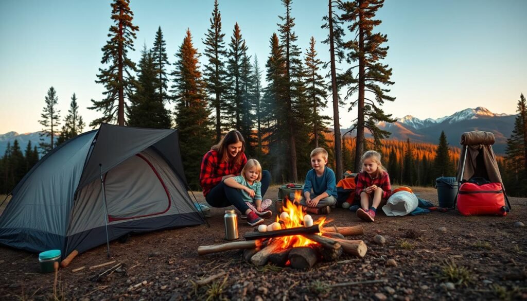 A scenic outdoor landscape with a family of four - two parents and two children - enjoying a cozy camping experience. The foreground features a well-equipped tent, a campfire with roasting marshmallows, and scattered camping gear. The middle ground showcases a serene forest backdrop with tall evergreen trees, while the distant background depicts a majestic mountain range bathed in warm, golden-hour lighting. The overall mood is one of tranquility, togetherness, and the joys of exploring nature as a family. A scenic outdoor landscape with a family of four - two parents and two children - enjoying a cozy camping experience. The foreground features a well-equipped tent, a campfire with roasting marshmallows, and scattered camping gear. The middle ground showcases a serene forest backdrop with tall evergreen trees, while the distant background depicts a majestic mountain range bathed in warm, golden-hour lighting. The overall mood is one of tranquility, togetherness, and the joys of exploring nature as a family.