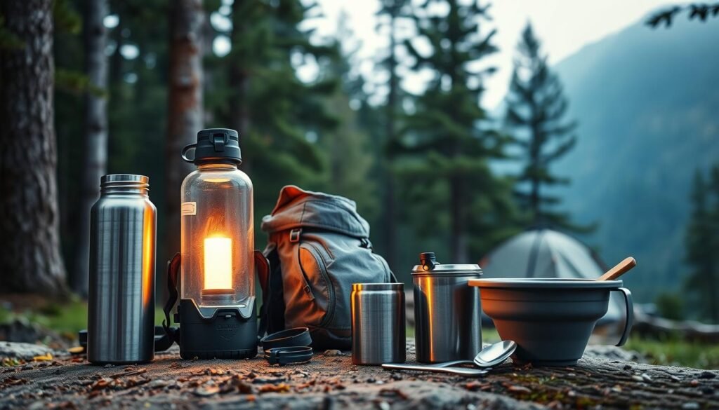 A serene campsite nestled among towering pines, illuminated by the warm glow of a lantern. In the foreground, a collection of essential hydration gear - a sleek metal water bottle, a durable hydration pack, and a compact water filter system. The middle ground features a neatly organized array of camping utensils, including a sturdy camping mug and a collapsible water bowl. The background showcases the tranquil wilderness, hinting at the adventure that awaits the intrepid teenage campers. The lighting is soft and natural, creating a sense of peaceful exploration and self-reliance. A serene campsite nestled among towering pines, illuminated by the warm glow of a lantern. In the foreground, a collection of essential hydration gear - a sleek metal water bottle, a durable hydration pack, and a compact water filter system. The middle ground features a neatly organized array of camping utensils, including a sturdy camping mug and a collapsible water bowl. The background showcases the tranquil wilderness, hinting at the adventure that awaits the intrepid teenage campers. The lighting is soft and natural, creating a sense of peaceful exploration and self-reliance.