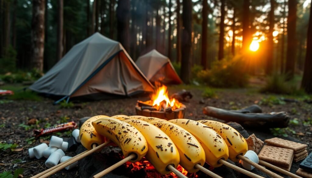 A serene campsite nestled in a lush forest, with a crackling fire illuminating the scene. In the foreground, a group of ripe bananas are carefully arranged on wooden skewers, ready to be grilled to gooey perfection. The bananas are surrounded by a scattering of camping supplies - marshmallows, chocolate bars, and graham crackers, hinting at the delectable s'mores to come. The middle ground features a sturdy tent, its fabric gently billowing in the evening breeze. In the background, the sun dips below the canopy of towering trees, casting a warm, golden glow over the entire campsite. The overall atmosphere is one of rustic charm and delightful anticipation, capturing the essence of the ultimate campfire banana boat experience.