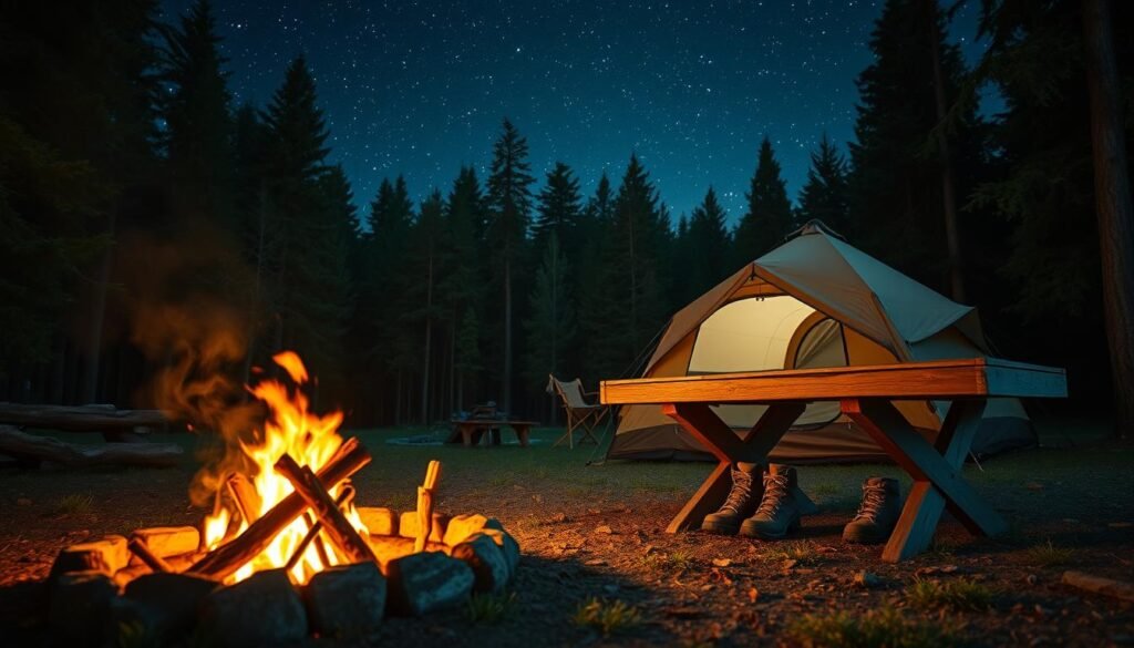 A serene campsite nestled in a lush forest, with a crackling fire pit in the foreground and a starry night sky overhead. In the middle ground, a cozy tent and a pair of hiking boots sit beside a weathered wooden table, evoking the tranquility of outdoor living. Soft, warm lighting illuminates the scene, casting a nostalgic glow over the memories of past camping adventures. The image captures the essence of cherished outdoor experiences, inviting the viewer to reflect on their own camping memories.