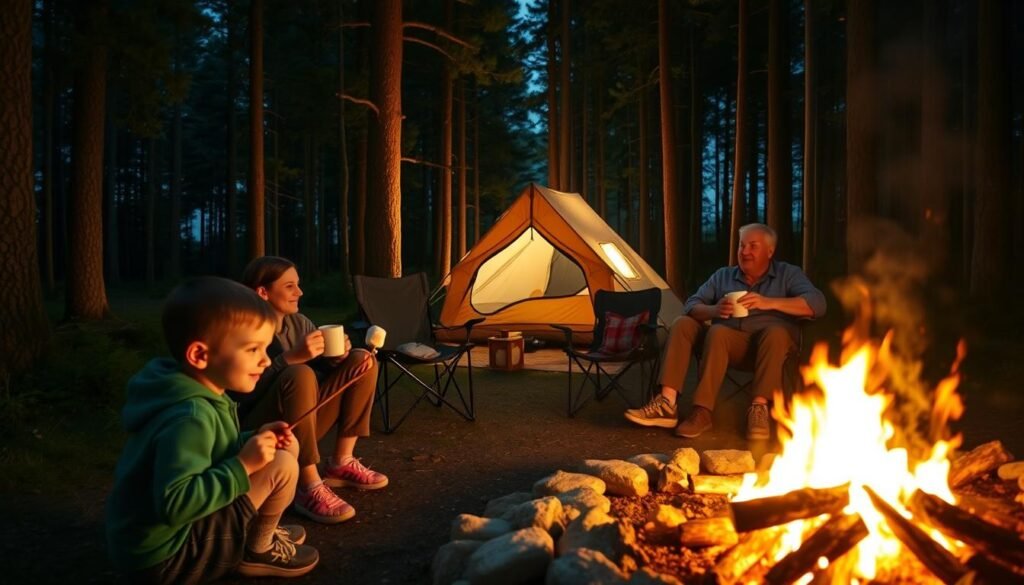 A serene campsite nestled in a lush forest, with a family gathered around a crackling campfire. In the foreground, children roast marshmallows on sticks, their faces aglow with delight. In the middle ground, parents relax on camping chairs, sipping hot beverages and gazing up at the starry night sky. In the background, a cozy tent stands, its silhouette framed by towering pine trees. The scene is illuminated by the warm, golden light of the fire, casting a cozy and inviting atmosphere. The image conveys a sense of tranquility, connection, and the simple pleasures of family camping. A serene campsite nestled in a lush forest, with a family gathered around a crackling campfire. In the foreground, children roast marshmallows on sticks, their faces aglow with delight. In the middle ground, parents relax on camping chairs, sipping hot beverages and gazing up at the starry night sky. In the background, a cozy tent stands, its silhouette framed by towering pine trees. The scene is illuminated by the warm, golden light of the fire, casting a cozy and inviting atmosphere. The image conveys a sense of tranquility, connection, and the simple pleasures of family camping.