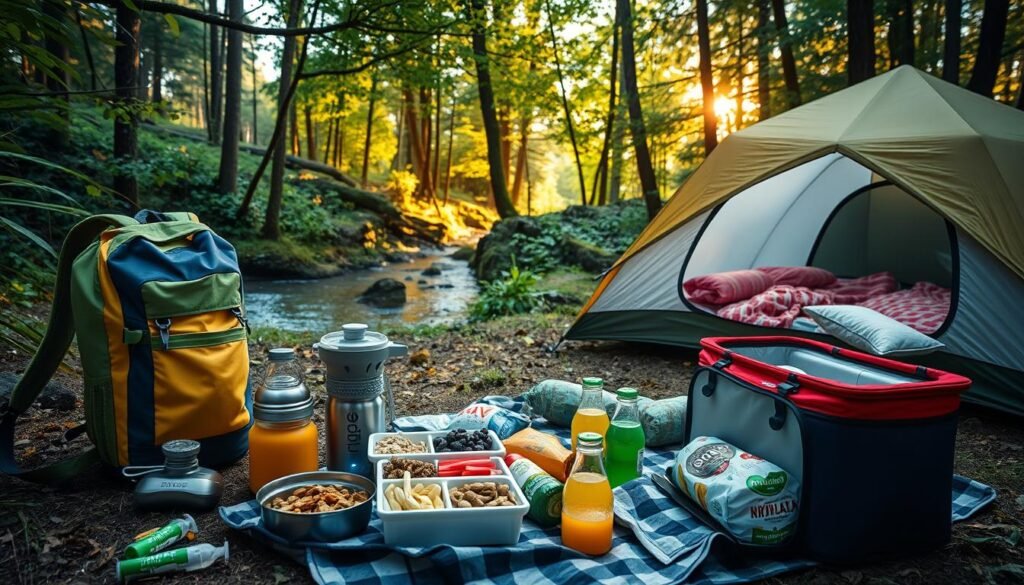 A serene campsite nestled in a lush, verdant forest, with a gentle stream meandering nearby. In the foreground, an array of kid-friendly camping essentials - a sturdy, colorful backpack, a reusable water bottle, and a compact, easy-to-use camping stove. Midground, a picnic blanket with a collection of trail mix, dried fruit, and other nutritious snacks, accompanied by a small, insulated cooler filled with refreshing juices and electrolyte-rich sports drinks. In the background, a well-equipped camping tent, complete with a sleeping bag and a cozy, plush pillow. Warm, diffused sunlight filters through the canopy of trees, casting a peaceful, inviting glow over the entire scene. A serene campsite nestled in a lush, verdant forest, with a gentle stream meandering nearby. In the foreground, an array of kid-friendly camping essentials - a sturdy, colorful backpack, a reusable water bottle, and a compact, easy-to-use camping stove. Midground, a picnic blanket with a collection of trail mix, dried fruit, and other nutritious snacks, accompanied by a small, insulated cooler filled with refreshing juices and electrolyte-rich sports drinks. In the background, a well-equipped camping tent, complete with a sleeping bag and a cozy, plush pillow. Warm, diffused sunlight filters through the canopy of trees, casting a peaceful, inviting glow over the entire scene.