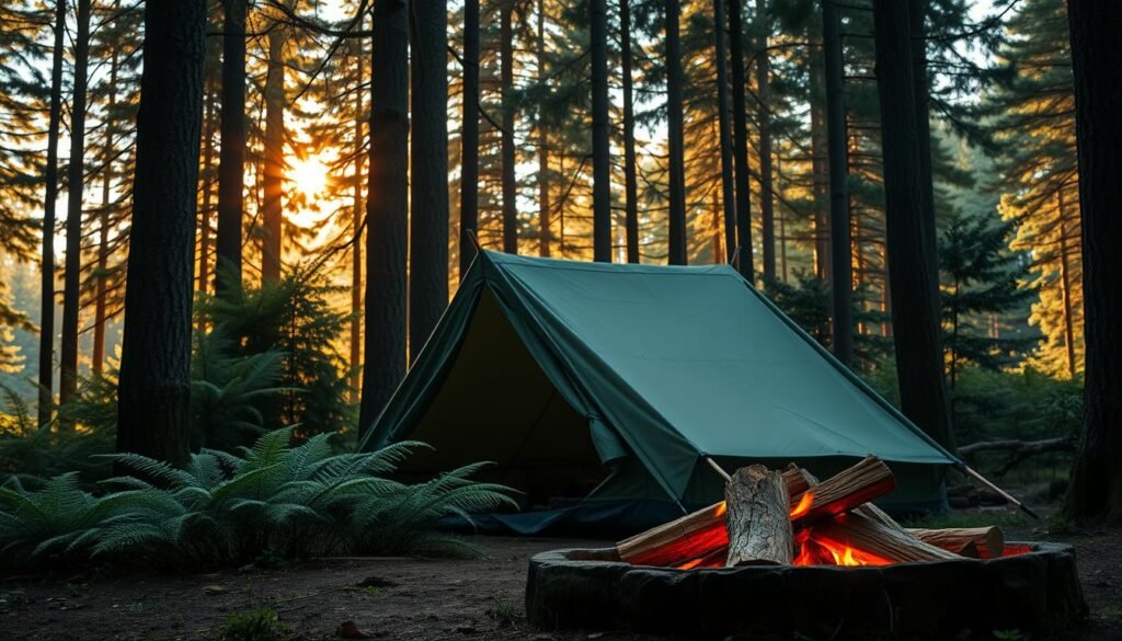 A serene forest campsite with a cozy canvas tent nestled among lush ferns and towering pine trees. The tent's exterior is a deep forest green, its fabric gently billowing in a soft breeze. The scene is illuminated by warm, natural sunlight filtering through the canopy, casting a golden glow on the surrounding foliage. In the foreground, a well-tended fire pit with a stack of seasoned firewood suggests the comfortable amenities of this outdoor retreat. The overall atmosphere evokes a sense of tranquility and connection with nature, perfect for a variety of adventurous camping experiences. A serene forest campsite with a cozy canvas tent nestled among lush ferns and towering pine trees. The tent's exterior is a deep forest green, its fabric gently billowing in a soft breeze. The scene is illuminated by warm, natural sunlight filtering through the canopy, casting a golden glow on the surrounding foliage. In the foreground, a well-tended fire pit with a stack of seasoned firewood suggests the comfortable amenities of this outdoor retreat. The overall atmosphere evokes a sense of tranquility and connection with nature, perfect for a variety of adventurous camping experiences.