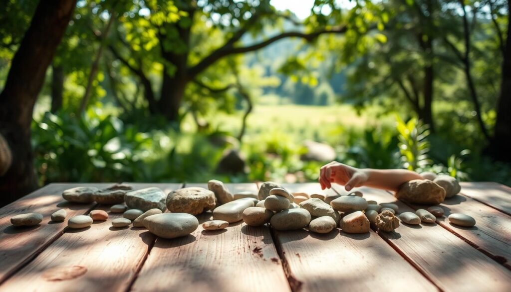 A serene outdoor scene, a weathered wooden tabletop adorned with an assortment of smooth, earthy-toned river rocks and pebbles. In the foreground, a child's small hands carefully arrange the stones, crafting simple yet captivating designs. Dappled sunlight filters through the canopy, casting gentle shadows that accentuate the natural textures and contours of the materials. In the background, lush greenery and a glimpse of a tranquil forest setting, evoking a sense of calm and connection with nature. The composition is balanced, the lighting soft and natural, inviting the viewer to imagine the joy and creativity of this simple, mindful activity.