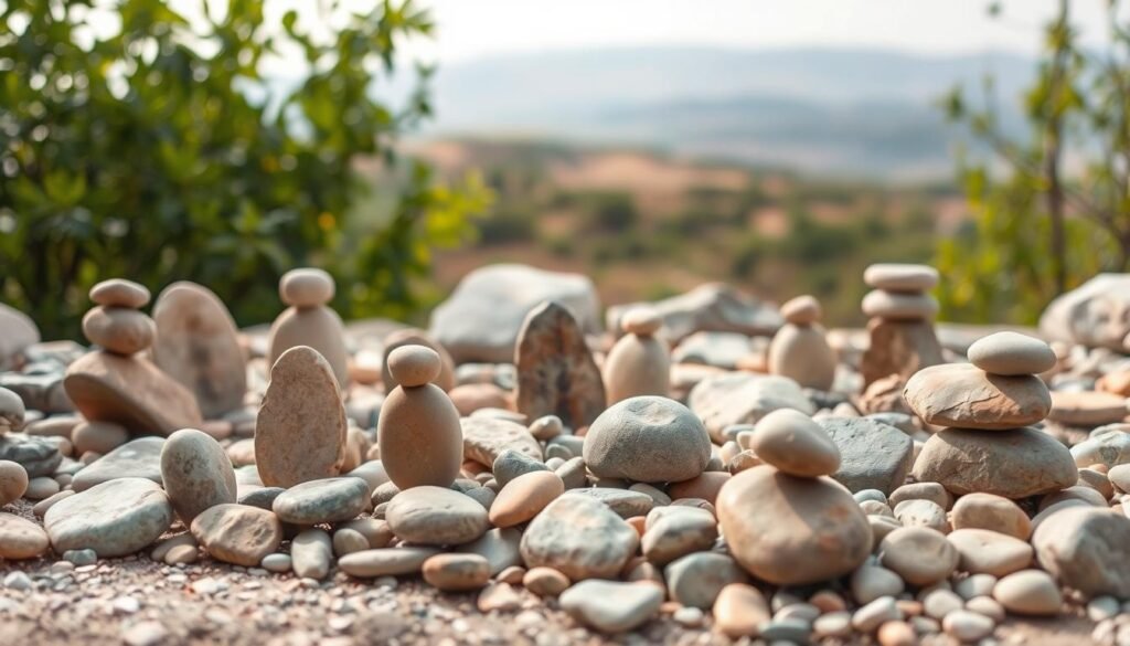 A serene outdoor scene showcasing an assortment of natural rock and pebble art pieces. The foreground features a variety of smooth, irregularly shaped stones in earthy tones, meticulously arranged into whimsical sculptures and patterns. The middle ground captures the tranquil setting, with lush green foliage and a soft, diffused natural light gently illuminating the scene. In the background, a blurred, slightly out-of-focus landscape provides a calming backdrop, evoking a sense of peaceful contemplation. The overall mood is one of simplicity, tactility, and a deep appreciation for the beauty found in nature's raw materials.