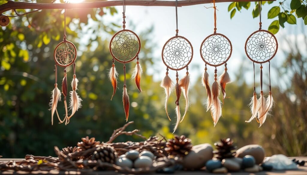 A serene outdoor scene showcasing natural dreamcatchers suspended from rustic wooden branches. The dreamcatchers feature intricate woven patterns, with feathers and beads delicately adorning their perimeters. Soft, diffused sunlight filters through the leaves, casting a warm glow over the organic textures. In the foreground, a variety of found natural materials, such as twigs, stones, and pinecones, are artfully arranged, complementing the dreamcatchers. The overall composition evokes a sense of tranquility, inviting the viewer to imagine the peaceful, imaginative crafting process. The dreamcatchers appear to sway gently in the breeze, evoking a serene, dreamlike atmosphere.