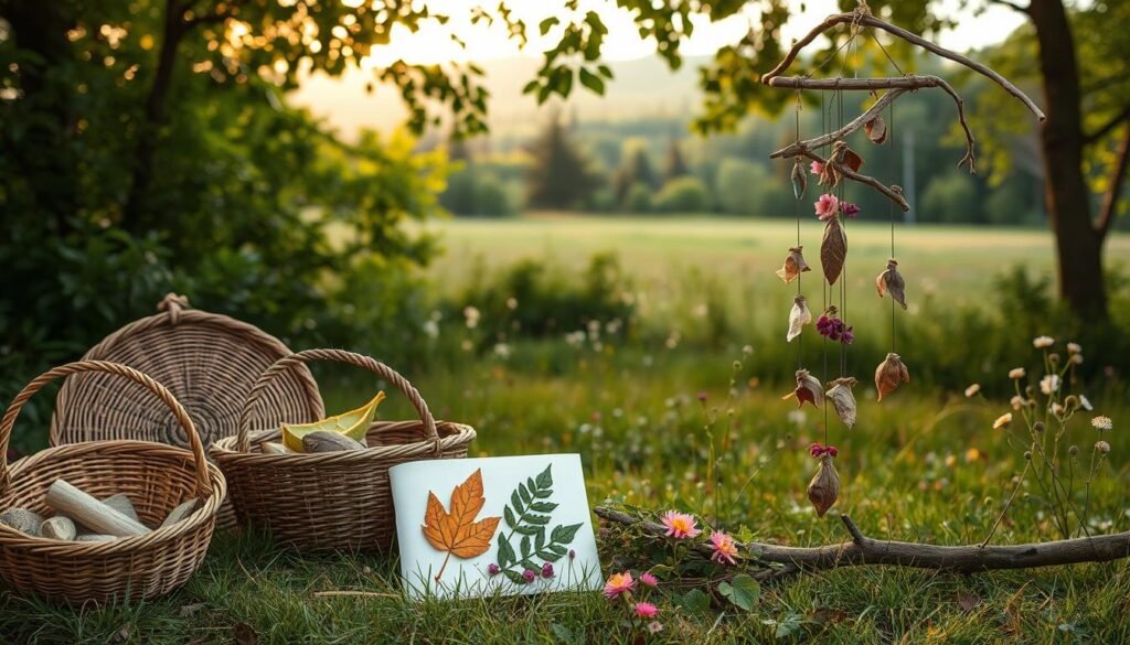 A serene outdoor scene showcasing nature-inspired art projects against a backdrop of lush greenery. In the foreground, a collection of handmade items crafted from natural materials - woven baskets, leaf-pressed paintings, and a whimsical mobile adorned with found twigs and flowers. The middle ground features a peaceful meadow with wildflowers swaying in a gentle breeze, while the distant background depicts a picturesque forest landscape bathed in warm, diffused sunlight. The overall atmosphere evokes a sense of creativity, wonder, and a deep connection to the natural world.