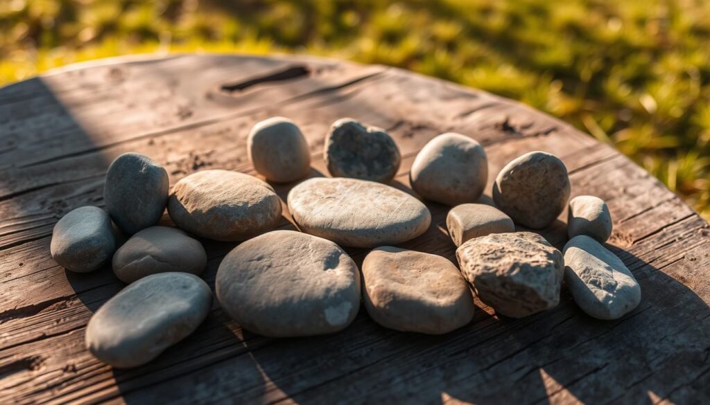 A serene outdoor scene with a collection of smooth, weathered stones arranged on a natural surface, such as a wooden table or a grassy knoll. The stones are of varying shapes, sizes, and colors, resembling whimsical characters or symbols, inviting the viewer to imagine and craft stories. Warm, diffused lighting from above casts gentle shadows, creating a cozy, contemplative atmosphere. The focus is on the stones, with a minimal, uncluttered background that allows the textures and forms to take center stage, inspiring creativity and imagination.