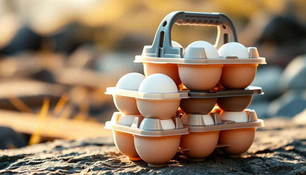 A set of lightweight, durable egg holders designed for outdoor adventures. Sleek, compact casing made of high-impact polycarbonate, with individual molded compartments to securely cradle each egg. Ergonomic handle for easy carrying, and a rugged construction that can withstand drops, bumps, and the rigors of hiking, camping, or picnicking. Soft silicone lining gently cushions the eggs, preventing cracks and leaks. The holders are stacked in a compact arrangement, with a minimalist aesthetic that complements any outdoor gear. Warm, natural lighting illuminates the translucent casing, showcasing the carefully engineered interior. The scene conveys a sense of adventure and preparedness, ready to protect precious cargo on any excursion. A set of lightweight, durable egg holders designed for outdoor adventures. Sleek, compact casing made of high-impact polycarbonate, with individual molded compartments to securely cradle each egg. Ergonomic handle for easy carrying, and a rugged construction that can withstand drops, bumps, and the rigors of hiking, camping, or picnicking. Soft silicone lining gently cushions the eggs, preventing cracks and leaks. The holders are stacked in a compact arrangement, with a minimalist aesthetic that complements any outdoor gear. Warm, natural lighting illuminates the translucent casing, showcasing the carefully engineered interior. The scene conveys a sense of adventure and preparedness, ready to protect precious cargo on any excursion.