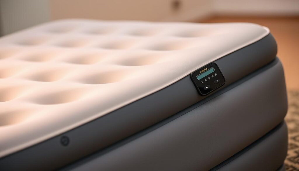 A sleek, modern air mattress with a built-in electric pump stands prominently in the center of the frame. The pump's control panel, featuring intuitive buttons and a digital display, is easily accessible on the side of the mattress. The mattress itself is composed of high-quality, durable materials, with a smooth, textured surface that exudes a sense of comfort and support. The lighting is soft and warm, creating a cozy and inviting atmosphere, while the angle of the shot showcases the pump's seamless integration with the overall design. The background is minimal, allowing the air mattress and its features to be the primary focus, emphasizing its functional yet sophisticated nature. A sleek, modern air mattress with a built-in electric pump stands prominently in the center of the frame. The pump's control panel, featuring intuitive buttons and a digital display, is easily accessible on the side of the mattress. The mattress itself is composed of high-quality, durable materials, with a smooth, textured surface that exudes a sense of comfort and support. The lighting is soft and warm, creating a cozy and inviting atmosphere, while the angle of the shot showcases the pump's seamless integration with the overall design. The background is minimal, allowing the air mattress and its features to be the primary focus, emphasizing its functional yet sophisticated nature.