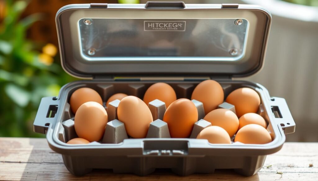 A sturdy, waterproof carrier designed to safely transport a dozen farm-fresh eggs. The sleek, minimalist exterior features high-impact plastic construction with a secure, snap-shut lid. Inside, precision-molded compartments cradle each egg individually, cushioning them from bumps and jostles during transit. Soft, eggshell-colored foam padding lines the interior, providing additional protection. Bright, natural lighting from an overhead skylight illuminates the contents, allowing easy inspection. The carrier's compact, ergonomic shape fits comfortably in one hand, making it easy to carry from the chicken coop to the kitchen. An embossed logo on the lid adds a touch of rustic charm. This versatile egg holder is designed to keep your precious cargo secure, whether you're carrying it to the farmers market or across the country.