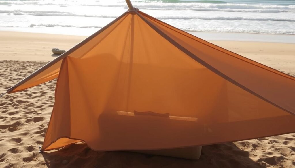 A sun-dappled beach, with warm sand and rolling waves in the distance. In the foreground, a sturdy tarp is artfully draped, casting a gentle shadow over a cozy seating area. The tarp's fabric is a neutral, earth-toned hue, blending seamlessly with the natural surroundings. Soft, diffused lighting filters through the tarp, creating a serene and inviting ambiance. In the middle ground, a few strategically placed rocks or driftwood add visual interest and a touch of rustic charm. The overall scene conveys a sense of relaxation and respite from the sun's glare, perfect for an outdoor adventure or a day at the beach.