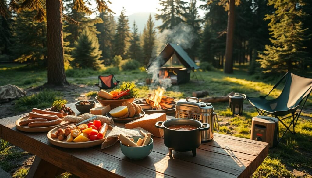 A sun-dappled campsite nestled in a lush forest clearing. In the foreground, a rustic wooden table laden with a hearty spread of family-friendly meals - sizzling sausages, grilled vegetables, freshly baked bread, and a steaming pot of stew. The middle ground features a campfire pit with glowing embers, surrounded by camping chairs and a small portable stove. In the background, towering evergreen trees frame the scene, casting soft shadows across the serene landscape. The lighting is warm and natural, with a golden glow from the setting sun. The overall mood is cozy, inviting, and perfect for a stress-free family camping adventure. A sun-dappled campsite nestled in a lush forest clearing. In the foreground, a rustic wooden table laden with a hearty spread of family-friendly meals - sizzling sausages, grilled vegetables, freshly baked bread, and a steaming pot of stew. The middle ground features a campfire pit with glowing embers, surrounded by camping chairs and a small portable stove. In the background, towering evergreen trees frame the scene, casting soft shadows across the serene landscape. The lighting is warm and natural, with a golden glow from the setting sun. The overall mood is cozy, inviting, and perfect for a stress-free family camping adventure.