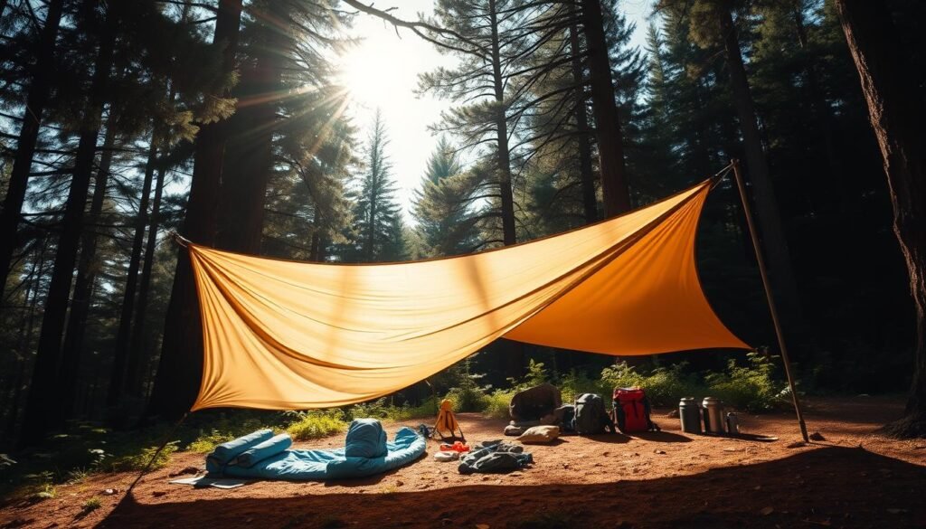 A sun-dappled campsite nestled in a lush, verdant forest. In the foreground, a sturdy tarp anchored securely to the ground, its fabric gently undulating in the warm breeze. The tarp casts a soft, diffuse light, creating a cozy and inviting atmosphere. In the middle ground, various outdoor gear - sleeping bags, backpacks, and cooking supplies - are arranged neatly beneath the tarp's protective canopy. The background features tall, towering trees, their branches swaying overhead, creating a serene and tranquil scene. The lighting is natural and warm, with soft shadows and highlights that accentuate the tarp's texture and the surrounding environment. The overall composition conveys the versatility and utility of tarps in outdoor adventures, showcasing their ability to provide shelter, shade, and a comfortable base camp.