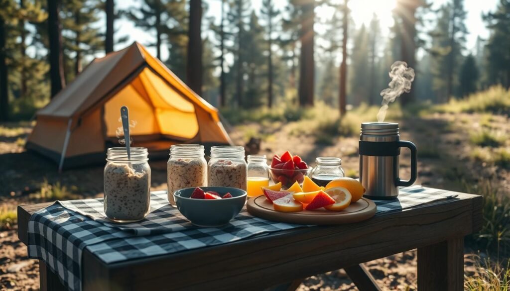 A sun-dappled campsite, with a rustic wooden table adorned with a checkered cloth. On the table, an array of tempting breakfast options - overnight oats in mason jars, freshly sliced fruit, and a steaming thermos of fragrant coffee. In the background, a cozy tent and the silhouettes of towering pines, casting long shadows across the scene. The lighting is soft and natural, illuminating the scene with a warm, inviting glow. The composition is balanced, with the foreground drawing the eye to the delectable breakfast, while the middle and background layers create a sense of depth and tranquility. The overall mood is one of quiet, morning serenity, perfect for a nourishing start to a day of outdoor adventure. A sun-dappled campsite, with a rustic wooden table adorned with a checkered cloth. On the table, an array of tempting breakfast options - overnight oats in mason jars, freshly sliced fruit, and a steaming thermos of fragrant coffee. In the background, a cozy tent and the silhouettes of towering pines, casting long shadows across the scene. The lighting is soft and natural, illuminating the scene with a warm, inviting glow. The composition is balanced, with the foreground drawing the eye to the delectable breakfast, while the middle and background layers create a sense of depth and tranquility. The overall mood is one of quiet, morning serenity, perfect for a nourishing start to a day of outdoor adventure.