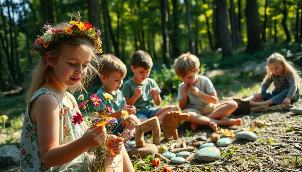 A sun-dappled forest clearing, where a group of children engage in a variety of nature-inspired crafts. In the foreground, a young girl weaves colorful wildflowers into a crown, her face alight with wonder. In the middle ground, two boys skillfully carve wooden animals, their brows furrowed in concentration. In the background, a girl sits cross-legged, painting vibrant designs on smooth river stones. Soft, natural lighting illuminates the scene, casting a warm, inviting glow. The atmosphere is one of peaceful creativity, where the children's imaginations are nurtured by the beauty of the great outdoors.