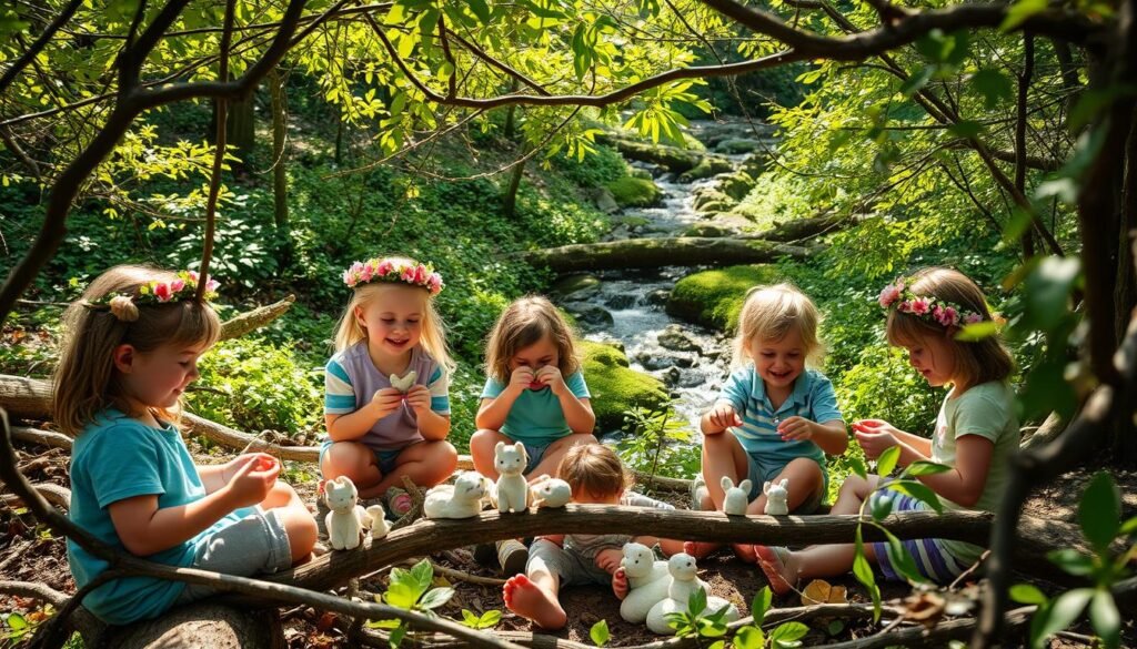 A sun-dappled forest glade, where children gather to craft with natural materials. Twisted branches and vibrant leaves provide the canvas, as young hands weave delicate flower crowns and sculpt whimsical creatures from clay. Sunlight filters through the canopy, casting a warm glow over the scene, as the kids giggle and explore, fully immersed in the magic of the outdoors. In the background, a babbling brook winds its way through the lush greenery, adding a soothing soundtrack to their nature-inspired activities.