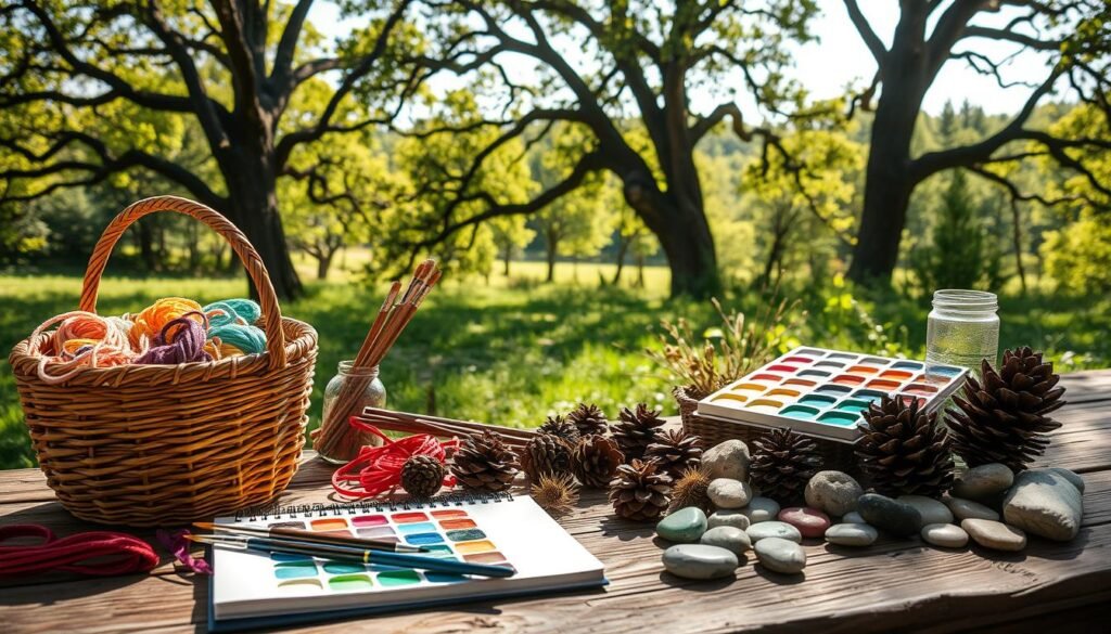 A sun-dappled outdoor scene showcasing a variety of hands-on crafting supplies. In the foreground, a woven basket overflows with colorful string, yarn, and ribbons. Nearby, a set of paintbrushes, watercolor paints, and an open sketchpad sit atop a weathered wooden table. In the middle ground, a cluster of pinecones, dried flowers, and smooth river stones await transformation. The background reveals a lush, verdant landscape with towering trees, their branches casting gentle shadows across the peaceful setting. The lighting is soft and natural, infusing the scene with a sense of warmth and tranquility. This image evokes the spirit of outdoor exploration and creative expression.