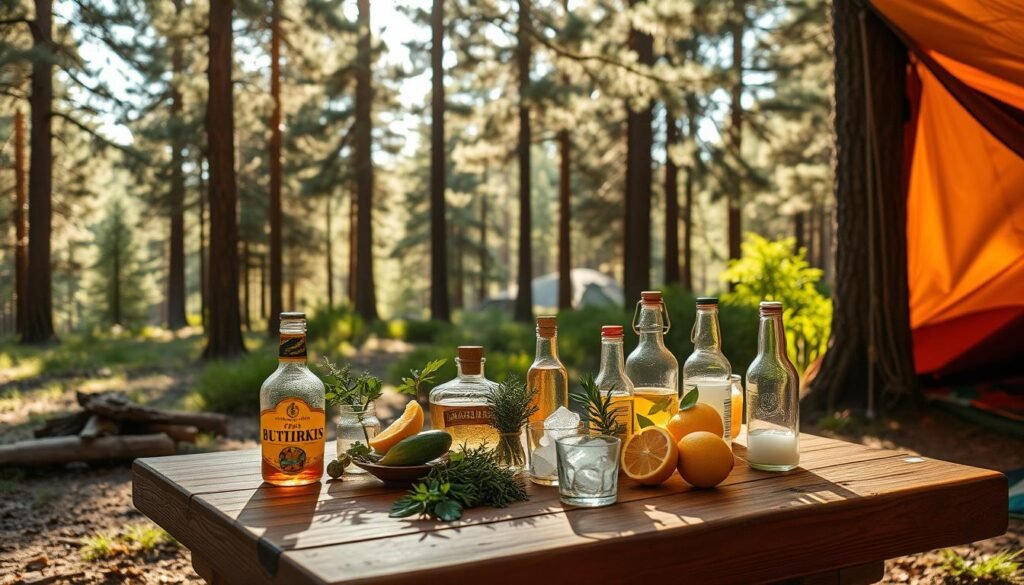 A sunlit campsite nestled in a lush forest, with a rustic wooden table set for a pre-mixed drink preparation session. On the table, an assortment of glass bottles, fresh herbs, citrus slices, and ice cubes, creating a vibrant and inviting display. The background features a backdrop of towering pine trees, casting dappled shadows and creating a warm, natural ambiance. The lighting is soft and diffused, accentuating the textures and colors of the scene. The overall mood is one of relaxation and the anticipation of a cozy camping experience. A sunlit campsite nestled in a lush forest, with a rustic wooden table set for a pre-mixed drink preparation session. On the table, an assortment of glass bottles, fresh herbs, citrus slices, and ice cubes, creating a vibrant and inviting display. The background features a backdrop of towering pine trees, casting dappled shadows and creating a warm, natural ambiance. The lighting is soft and diffused, accentuating the textures and colors of the scene. The overall mood is one of relaxation and the anticipation of a cozy camping experience.