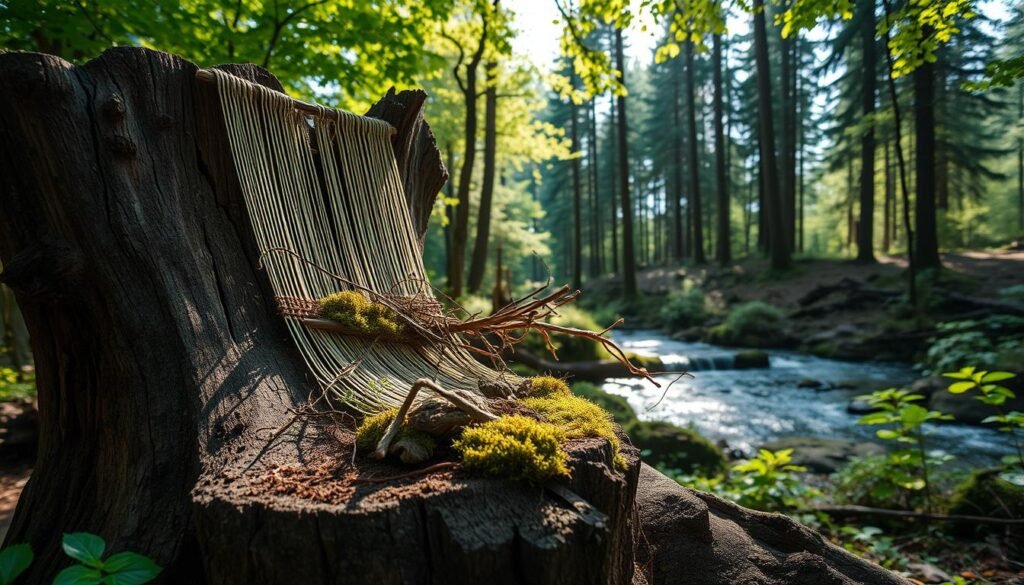 A tranquil forest scene, sunlight dappling through the canopy of verdant leaves. In the foreground, a weathered tree stump serves as a natural weaving loom, its twisted grain providing a rugged foundation. Delicate vines, mosses, and fallen twigs are carefully woven into an intricate tapestry, their earthy tones blending seamlessly with the surrounding woodland. The middle ground reveals a peaceful stream, its gentle ripples reflecting the soft, diffused lighting. In the distance, a line of towering pines stand like silent sentinels, their towering silhouettes framing the scene. An atmosphere of quiet contemplation and connection with nature pervades the entire composition.