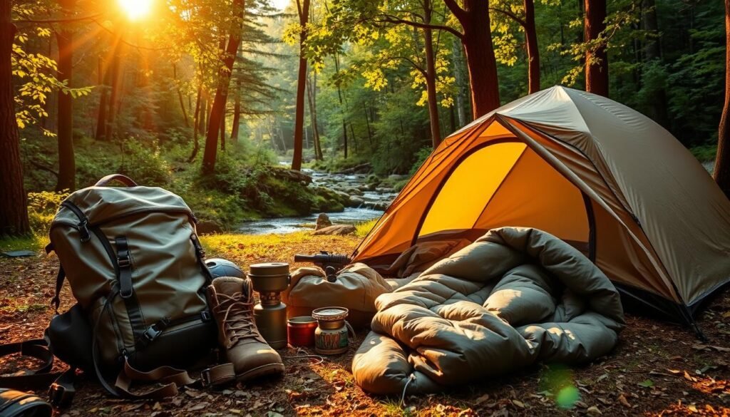 A tranquil forest scene, the golden sun filtering through the verdant canopy, illuminating a neatly organized array of essential camping gear. In the foreground, a high-quality backpack, its fabric gleaming, nestled amongst a collection of sturdy, weathered hiking boots, a compact camping stove, and a cozy sleeping bag unfurled, its down feathers gently catching the warm breeze. In the middle ground, a sturdy, two-person tent stands at the ready, its neutral-toned exterior blending seamlessly with the natural surroundings. In the distance, a gently flowing stream cuts through the lush underbrush, its soothing sounds adding to the tranquil atmosphere. The overall scene conveys a sense of preparedness, comfort, and a deep appreciation for the great outdoors. A tranquil forest scene, the golden sun filtering through the verdant canopy, illuminating a neatly organized array of essential camping gear. In the foreground, a high-quality backpack, its fabric gleaming, nestled amongst a collection of sturdy, weathered hiking boots, a compact camping stove, and a cozy sleeping bag unfurled, its down feathers gently catching the warm breeze. In the middle ground, a sturdy, two-person tent stands at the ready, its neutral-toned exterior blending seamlessly with the natural surroundings. In the distance, a gently flowing stream cuts through the lush underbrush, its soothing sounds adding to the tranquil atmosphere. The overall scene conveys a sense of preparedness, comfort, and a deep appreciation for the great outdoors.