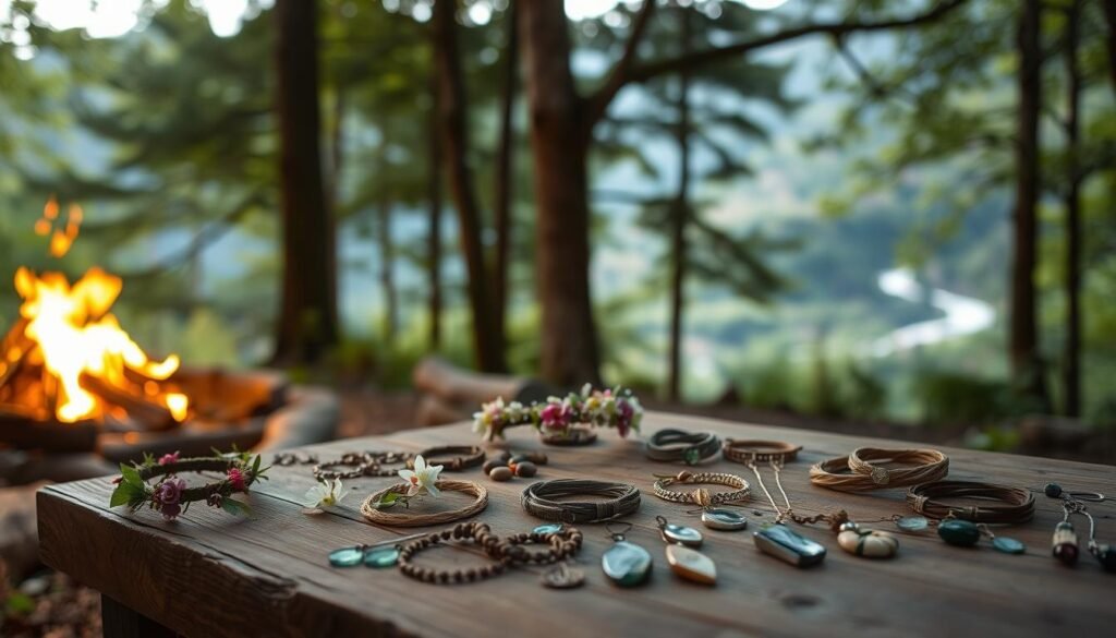 A tranquil forest setting, with soft, natural lighting filtering through the canopy of lush, verdant trees. In the foreground, a wooden table displays an array of carefully crafted nature-inspired jewelry and accessories. Delicate flower crowns, woven bracelets, and pendants made from twigs, leaves, and stones adorn the table's surface. The middle ground features a cozy campfire, its warm glow illuminating the serene scene. In the background, a picturesque mountainous landscape with a hint of a winding river or stream completes the idyllic outdoor setting. The overall atmosphere is one of peaceful, rustic charm, inviting the viewer to immerse themselves in the tranquility of the camping craft experience.
