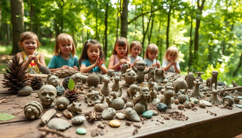 A tranquil outdoor scene with a wooden table covered in a variety of whimsical mud and clay sculptures created by children. In the foreground, an array of natural forms - pinecones, leaves, twigs, and stones - are artfully arranged alongside the handcrafted clay critters and figurines. The middle ground features a group of young campers, their faces alight with concentration, as they mold and shape the malleable clay using their fingers. The background showcases a lush, verdant forest setting, with dappled sunlight filtering through the canopy, creating a warm, inviting atmosphere. The composition is balanced and visually striking, capturing the joy and creativity inherent in this hands-on outdoor craft activity.