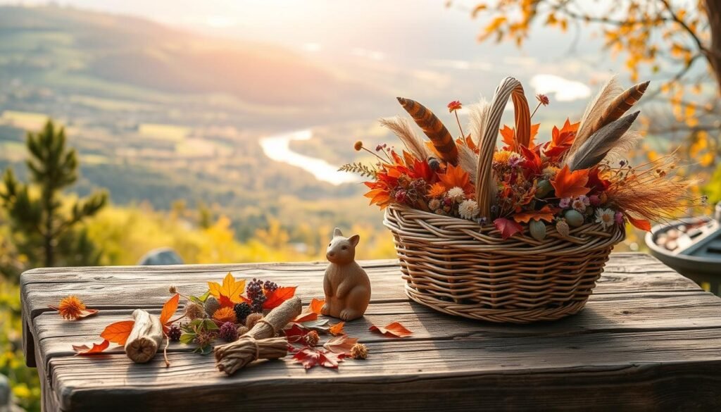 A tranquil outdoor scene with an array of nature-inspired crafts scattered across a rustic wooden table. The centerpiece is a beautifully woven basket overflowing with dried flowers, feathers, and vibrant autumn leaves. Beside it, a small carving of a woodland creature stands guard, its intricate details carved with precision. In the background, a panoramic vista of lush, rolling hills and a meandering river catches the soft, warm glow of the afternoon sun. The overall atmosphere evokes a sense of calm, creativity, and a deep appreciation for the natural world.