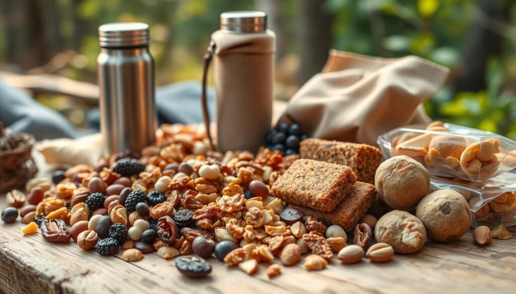 A varied assortment of nutritious and energizing trail snacks, artfully arranged on a natural wooden surface. In the foreground, an array of dried fruits, roasted nuts, granola bars, and energy bites in earthy tones. The middle ground features a stainless steel water bottle and a fabric-wrapped hiking flask, hinting at the active outdoor setting. The background suggests a cozy, rustic atmosphere with a hint of greenery, evoking a serene forest backdrop. Warm, natural lighting casts a soft glow, creating an inviting and wholesome scene to fuel adventurous treks. A varied assortment of nutritious and energizing trail snacks, artfully arranged on a natural wooden surface. In the foreground, an array of dried fruits, roasted nuts, granola bars, and energy bites in earthy tones. The middle ground features a stainless steel water bottle and a fabric-wrapped hiking flask, hinting at the active outdoor setting. The background suggests a cozy, rustic atmosphere with a hint of greenery, evoking a serene forest backdrop. Warm, natural lighting casts a soft glow, creating an inviting and wholesome scene to fuel adventurous treks.