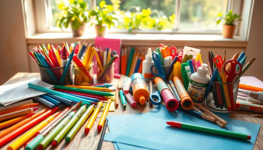 A vibrant array of craft supplies arranged on a rustic wooden table, bathed in warm, natural lighting. In the foreground, a collection of colorful markers, crayons, and paint brushes. In the middle ground, an assortment of scissors, glue sticks, and paper in various hues. The background showcases a lush greenery-filled windowsill, hinting at the outdoor inspiration to come. The scene exudes a sense of creativity, anticipation, and the joy of crafting, perfect for a tutorial on engaging preschoolers in hands-on activities.