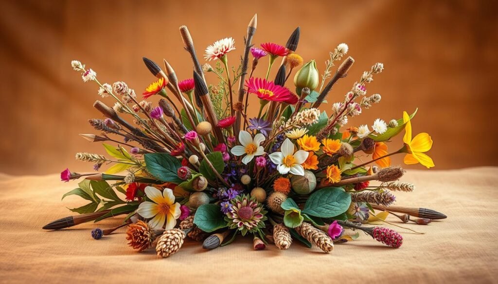 A vibrant assortment of natural paintbrushes, carefully curated from the wilderness. A central cluster of unique twigs, leaves, and flowers, each with their own distinct textures and hues, arranged artfully against a soft, earthy backdrop. Warm, diffused lighting illuminates the scene, highlighting the organic details and creating a sense of natural beauty. The composition evokes a feeling of rustic charm and enchantment, inviting the viewer to explore the wonders of the outdoors and unleash their creative spirit.