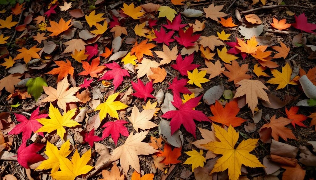 A vibrant outdoor scene showcasing a variety of autumn leaves artfully arranged in a natural setting. Delicate maple, oak, and birch leaves in shades of red, orange, and yellow are carefully positioned to create whimsical patterns and textures across the forest floor. Soft, diffused natural lighting filters through the canopy above, casting gentle shadows that accentuate the intricate details of the leaves. The overall composition evokes a sense of tranquility and wonder, inviting the viewer to pause and appreciate the beauty of nature's ephemeral creations.
