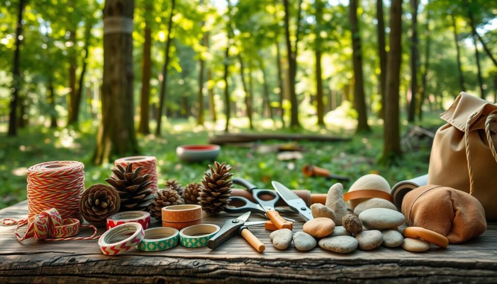A vibrant outdoor scene, showcasing an assortment of camping craft materials. In the foreground, a rustic wooden table is adorned with an array of colorful supplies - vibrant spools of twine, intricate patterns of decorative tape, a stack of natural pinecones, and an assortment of craft scissors glinting in the warm, natural lighting. In the middle ground, a few simple tools like a small hand-held saw and a leather punch sit alongside a collection of smooth river stones and earthy clay. The background features a lush, verdant forest backdrop, with the dappled sunlight filtering through the canopy of trees, creating a serene and inspirational atmosphere for these outdoor craft adventures.
