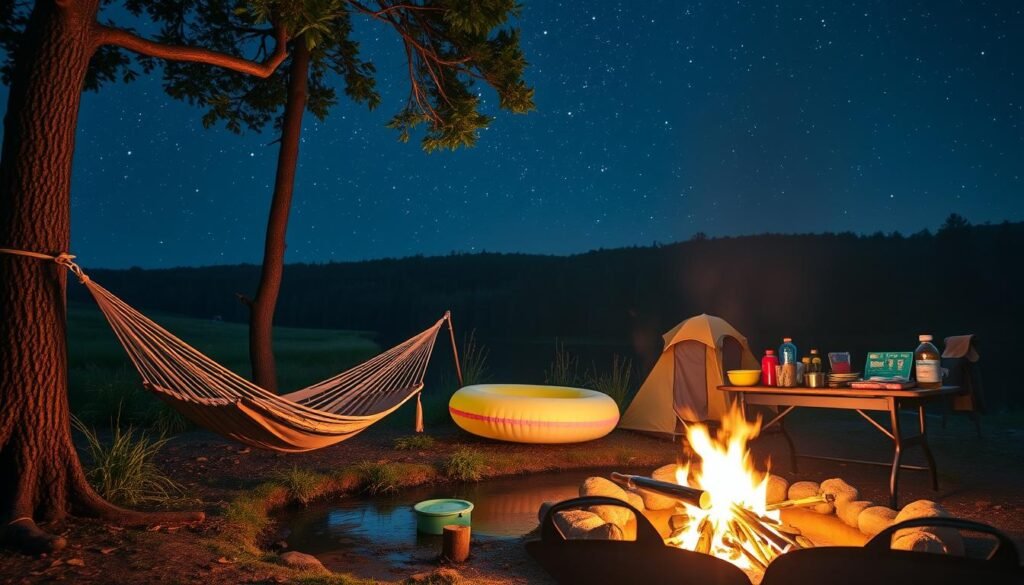 A vibrant outdoor scene with a cozy campfire surrounded by an array of fun and relaxing camping additions. In the foreground, a hammock sways gently between two sturdy trees, inviting visitors to unwind. Nearby, a brightly colored inflatable pool float bobs in a small creek, reflecting the warm glow of the fire. In the middle ground, a folding table holds an assortment of camping treats and games, ready for an evening of laughter and relaxation. In the background, a starry night sky stretches out above a dense forest, creating a serene and peaceful atmosphere. Soft, diffused lighting illuminates the scene, highlighting the textures and colors of the various camping accessories. A vibrant outdoor scene with a cozy campfire surrounded by an array of fun and relaxing camping additions. In the foreground, a hammock sways gently between two sturdy trees, inviting visitors to unwind. Nearby, a brightly colored inflatable pool float bobs in a small creek, reflecting the warm glow of the fire. In the middle ground, a folding table holds an assortment of camping treats and games, ready for an evening of laughter and relaxation. In the background, a starry night sky stretches out above a dense forest, creating a serene and peaceful atmosphere. Soft, diffused lighting illuminates the scene, highlighting the textures and colors of the various camping accessories.