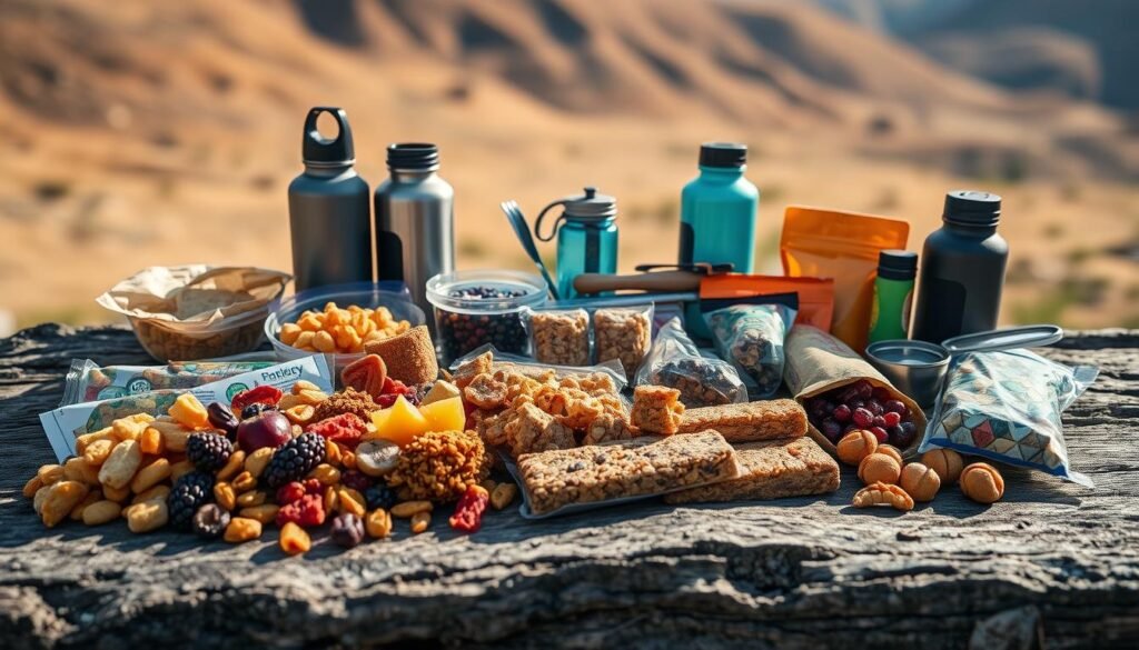 A vibrant spread of various backpacking food options, neatly arranged on a rugged wooden surface. Dried fruits, crunchy trail mixes, granola bars, and energy-packed snacks fill the foreground, casting warm, natural shadows. In the middle ground, reusable water bottles and compact utensils hint at the adventurous journey ahead. The background features a blurred, earthy landscape, evoking the serene wilderness that surrounds the well-prepared hiker. Soft, diffused lighting accentuates the textures and colors, creating an inviting, appetizing atmosphere perfect for fueling an active outdoor excursion. A vibrant spread of various backpacking food options, neatly arranged on a rugged wooden surface. Dried fruits, crunchy trail mixes, granola bars, and energy-packed snacks fill the foreground, casting warm, natural shadows. In the middle ground, reusable water bottles and compact utensils hint at the adventurous journey ahead. The background features a blurred, earthy landscape, evoking the serene wilderness that surrounds the well-prepared hiker. Soft, diffused lighting accentuates the textures and colors, creating an inviting, appetizing atmosphere perfect for fueling an active outdoor excursion.