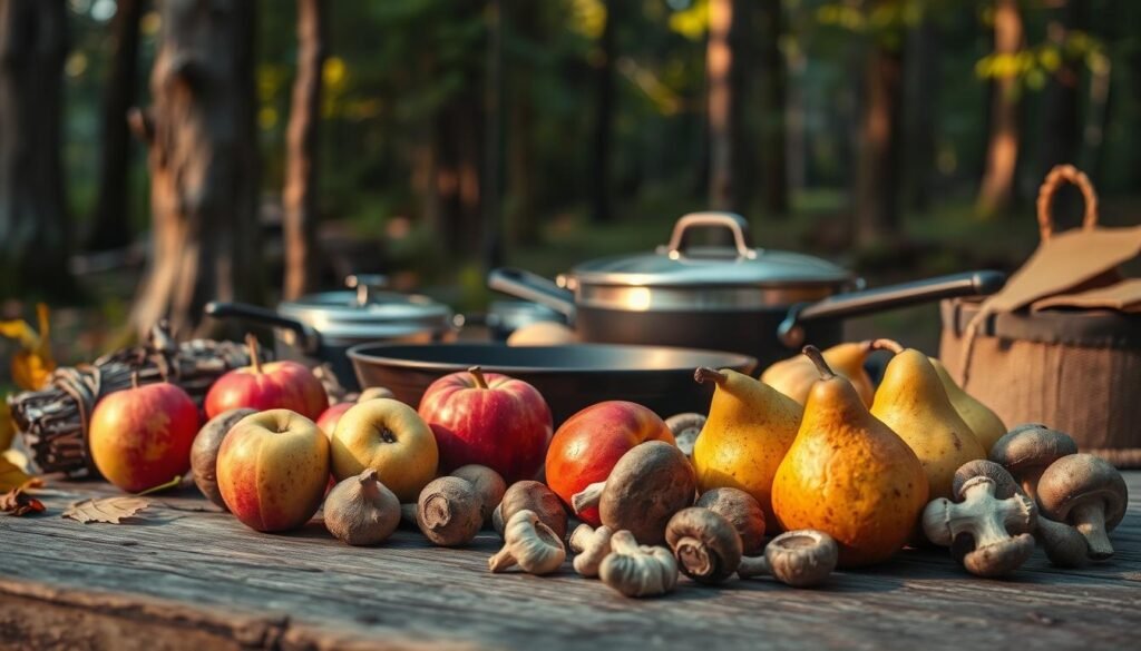 A vibrant still life composition capturing the essence of seasonal camping ingredients. In the foreground, an assortment of autumnal produce - fresh apples, pears, and a selection of wild mushrooms - carefully arranged on a rustic wooden surface. The middle ground features a cast iron skillet, its warm glow illuminating the scene, alongside a collection of classic camping cookware. In the background, a cozy wooded backdrop with dappled sunlight filtering through the canopy, evoking the tranquil ambiance of an outdoor adventure. The lighting is soft and natural, accentuating the textures and colors of the ingredients. The overall mood is one of comfort, nourishment, and the joy of seasonal, homemade meals shared in the great outdoors. A vibrant still life composition capturing the essence of seasonal camping ingredients. In the foreground, an assortment of autumnal produce - fresh apples, pears, and a selection of wild mushrooms - carefully arranged on a rustic wooden surface. The middle ground features a cast iron skillet, its warm glow illuminating the scene, alongside a collection of classic camping cookware. In the background, a cozy wooded backdrop with dappled sunlight filtering through the canopy, evoking the tranquil ambiance of an outdoor adventure. The lighting is soft and natural, accentuating the textures and colors of the ingredients. The overall mood is one of comfort, nourishment, and the joy of seasonal, homemade meals shared in the great outdoors.