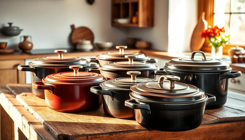 A vibrant still life showcasing an assortment of high-quality dutch ovens in various sizes, shapes, and materials. The cookware is arranged on a rustic wooden surface, illuminated by natural sunlight filtering through a window, casting warm, soft shadows. The dutch ovens are meticulously detailed, showcasing their durable construction, intricate handles, and earthy tones that evoke the tradition of homemade meals. In the background, a minimalist kitchen setting with simple decor provides a clean, uncluttered backdrop, allowing the dutch ovens to take center stage. The overall composition conveys a sense of culinary expertise, inviting the viewer to imagine the comforting dishes that could be prepared within these versatile and timeless cooking vessels. A vibrant still life showcasing an assortment of high-quality dutch ovens in various sizes, shapes, and materials. The cookware is arranged on a rustic wooden surface, illuminated by natural sunlight filtering through a window, casting warm, soft shadows. The dutch ovens are meticulously detailed, showcasing their durable construction, intricate handles, and earthy tones that evoke the tradition of homemade meals. In the background, a minimalist kitchen setting with simple decor provides a clean, uncluttered backdrop, allowing the dutch ovens to take center stage. The overall composition conveys a sense of culinary expertise, inviting the viewer to imagine the comforting dishes that could be prepared within these versatile and timeless cooking vessels.