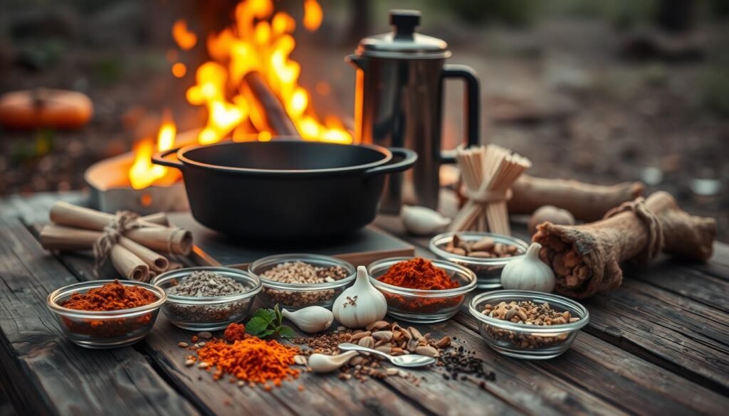A vignette of camping essentials laid out on a weathered wooden table, illuminated by the warm glow of a campfire. In the foreground, an assortment of fragrant spices, herbs, and seasonings - cumin, paprika, garlic, and more - nestled in small bowls. In the middle ground, a cast-iron skillet, a camp-style coffee percolator, and a bundle of matches. The background is hazy with a soft, golden light, evoking the tranquility of the great outdoors. The overall composition suggests the comforts of a well-equipped campsite, where culinary delights can be savored even amidst the beauty of nature. A vignette of camping essentials laid out on a weathered wooden table, illuminated by the warm glow of a campfire. In the foreground, an assortment of fragrant spices, herbs, and seasonings - cumin, paprika, garlic, and more - nestled in small bowls. In the middle ground, a cast-iron skillet, a camp-style coffee percolator, and a bundle of matches. The background is hazy with a soft, golden light, evoking the tranquility of the great outdoors. The overall composition suggests the comforts of a well-equipped campsite, where culinary delights can be savored even amidst the beauty of nature.