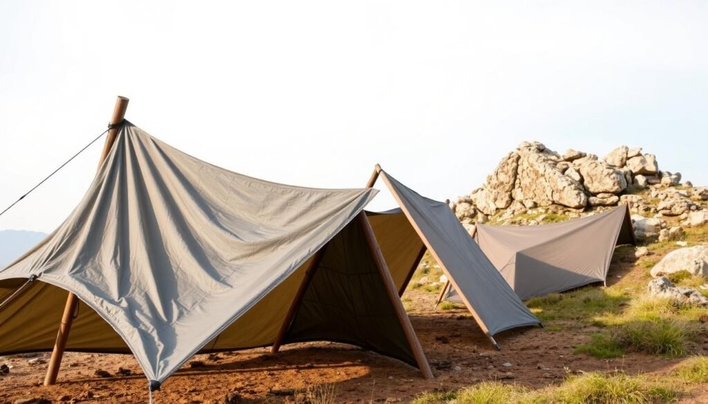 A vivid tarp shelters scene, showcasing practical designs for quick outdoor protection. In the foreground, a sturdy tarp is pitched over a wooden frame, its textured fabric casting dynamic shadows. The middle ground features a versatile A-frame shelter, its sharp angles and taut lines creating a geometric contrast. In the background, a lean-to style tarp leans against a rocky outcrop, blending seamlessly with the natural environment. Soft, diffused lighting illuminates the scene, evoking a sense of tranquility and self-reliance. The overall composition highlights the functional yet aesthetically pleasing nature of these basic tarp shelter solutions, perfect for any outdoor adventure.