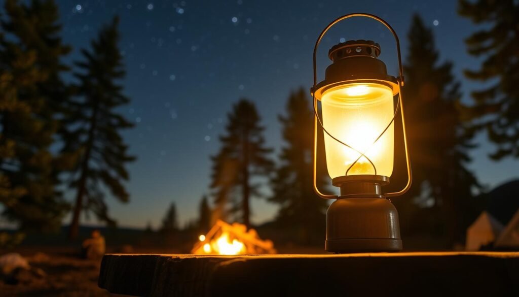A warm, glowing camping lantern standing tall on a wooden table, its soft light casting a cozy ambiance across the rugged campsite. The lantern's frosted glass casing diffuses the light, creating a comforting glow that dances across the scene. In the background, a backdrop of towering pine trees and a starry night sky, conveying a sense of peaceful solitude in the great outdoors. The image has a realistic, high-resolution quality, capturing the essential details and textures of the camping lantern and its natural surroundings.