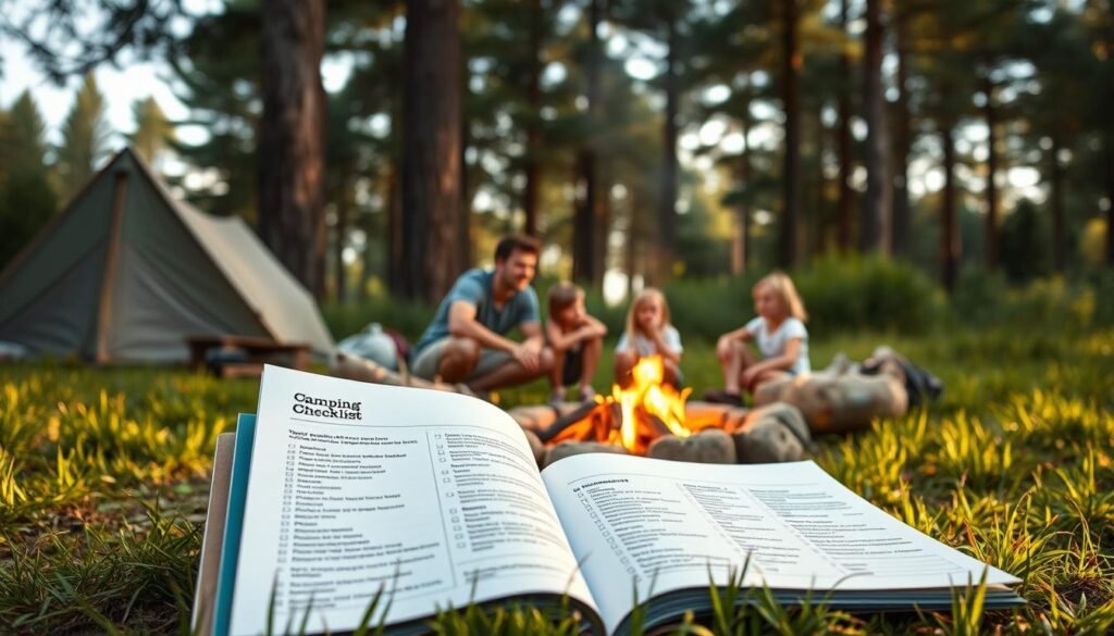 A warm summer day, a cozy campsite nestled in lush greenery. In the foreground, a well-organized camping checklist lays open, its contents meticulously detailed - from sturdy hiking boots and water bottles to portable camping stoves and cozy sleeping bags. The middle ground reveals a family of four - parents and two young children - gathered around a crackling fire, their faces alight with anticipation. In the background, towering pine trees sway gently, casting soft, dappled shadows across the scene. The lighting is natural, warm, and inviting, captured through the lens of a high-quality camera. The overall atmosphere is one of tranquility, adventure, and family bonding - a perfect representation of "The Complete Camping Checklist with Kids". A warm summer day, a cozy campsite nestled in lush greenery. In the foreground, a well-organized camping checklist lays open, its contents meticulously detailed - from sturdy hiking boots and water bottles to portable camping stoves and cozy sleeping bags. The middle ground reveals a family of four - parents and two young children - gathered around a crackling fire, their faces alight with anticipation. In the background, towering pine trees sway gently, casting soft, dappled shadows across the scene. The lighting is natural, warm, and inviting, captured through the lens of a high-quality camera. The overall atmosphere is one of tranquility, adventure, and family bonding - a perfect representation of "The Complete Camping Checklist with Kids".