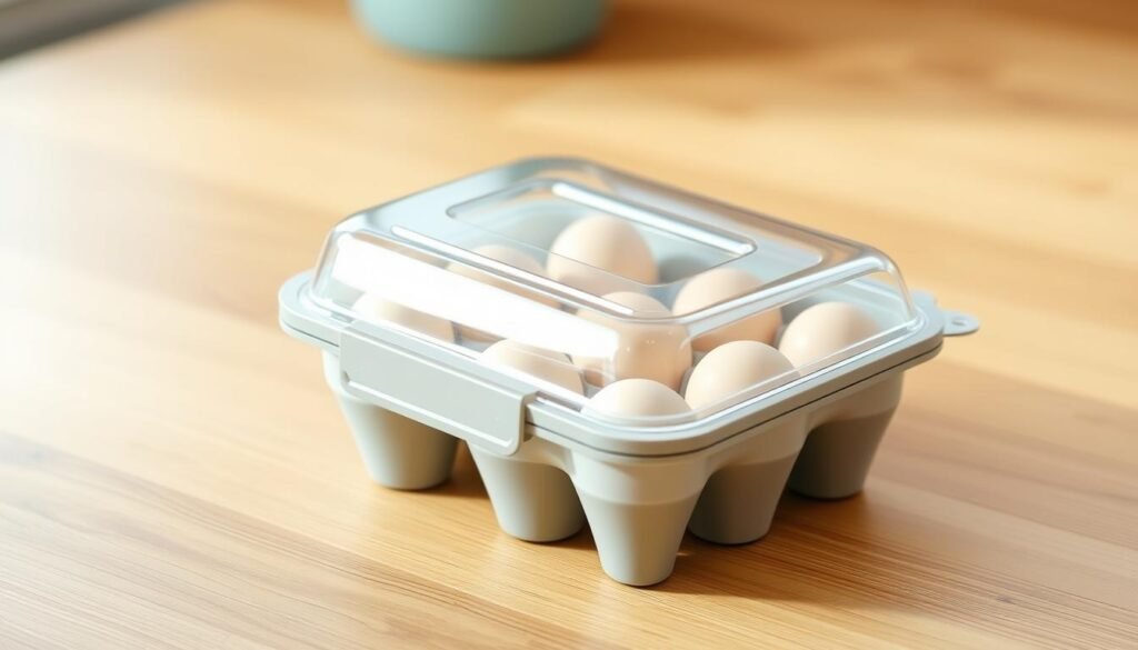 A well-designed, portable egg carrier with a sleek, waterproof exterior sits on a clean, wooden surface. The carrier features a transparent, durable lid, allowing for easy visibility of the contents. The body is crafted from sturdy, high-quality materials, ensuring a secure and protective environment for the eggs. Soft, natural lighting illuminates the scene, highlighting the carrier's elegant design and functionality. The overall composition conveys a sense of practicality and sophistication, perfectly suited for the understanding of waterproof egg holders and their benefits.