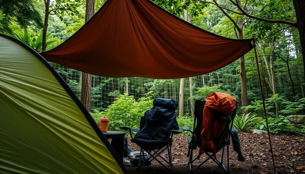 A well-equipped outdoor campsite nestled in a lush forest, with various weather protection gear prominently displayed. In the foreground, a sturdy weatherproof tent, its fabric glistening under soft, diffused lighting. Nearby, a heavy-duty rain tarp suspended above a cozy seating area, creating a sheltered space. In the middle ground, a rugged backpack and durable rain jacket hang from a tree branch, ready for any inclement conditions. The background features dense, verdant foliage, hinting at the surrounding wilderness. The overall scene exudes a sense of preparedness and comfort, perfectly suited for an adventurous camping excursion. A well-equipped outdoor campsite nestled in a lush forest, with various weather protection gear prominently displayed. In the foreground, a sturdy weatherproof tent, its fabric glistening under soft, diffused lighting. Nearby, a heavy-duty rain tarp suspended above a cozy seating area, creating a sheltered space. In the middle ground, a rugged backpack and durable rain jacket hang from a tree branch, ready for any inclement conditions. The background features dense, verdant foliage, hinting at the surrounding wilderness. The overall scene exudes a sense of preparedness and comfort, perfectly suited for an adventurous camping excursion.