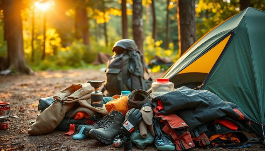 A well-equipped outdoor campsite with a sturdy tent, a sleeping bag and pad, a hiking backpack, and an assortment of weather-resistant camping gear and apparel. The scene is bathed in warm, golden sunlight filtering through the trees, creating a cozy and inviting atmosphere. In the foreground, a pile of sturdy, high-quality items like rain jackets, waterproof boots, and insulated gloves, showcasing the necessary protective layers for an outdoor adventure. In the middle ground, a compact camping stove, a water filter, and a first-aid kit, emphasizing the practical essentials. The background features a lush, verdant forest setting, hinting at the breathtaking natural surroundings that await the adventurous camper.