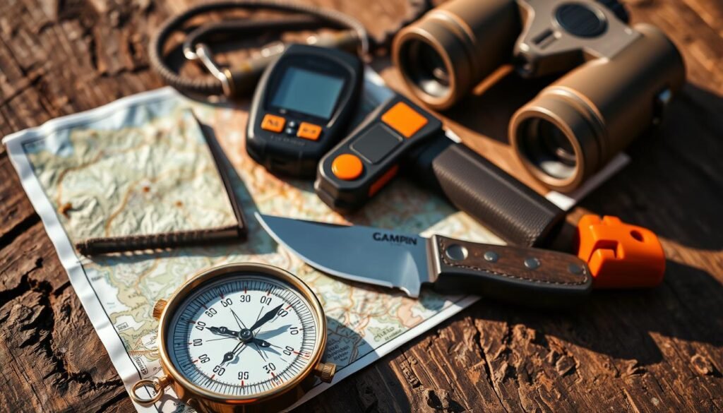 A well-lit and detailed arrangement of essential camping navigation tools on a rugged wooden surface. In the foreground, a classic compass with a polished brass casing sits atop a topographic map. In the middle ground, a handheld GPS device and a high-powered flashlight are placed alongside a sturdy utility knife. In the background, a pair of weathered binoculars and a signal whistle create a sense of preparedness for any outdoor adventure. The lighting casts warm, natural shadows, highlighting the textures and materials of the tools, conveying a sense of reliability and functionality. A well-lit and detailed arrangement of essential camping navigation tools on a rugged wooden surface. In the foreground, a classic compass with a polished brass casing sits atop a topographic map. In the middle ground, a handheld GPS device and a high-powered flashlight are placed alongside a sturdy utility knife. In the background, a pair of weathered binoculars and a signal whistle create a sense of preparedness for any outdoor adventure. The lighting casts warm, natural shadows, highlighting the textures and materials of the tools, conveying a sense of reliability and functionality.
