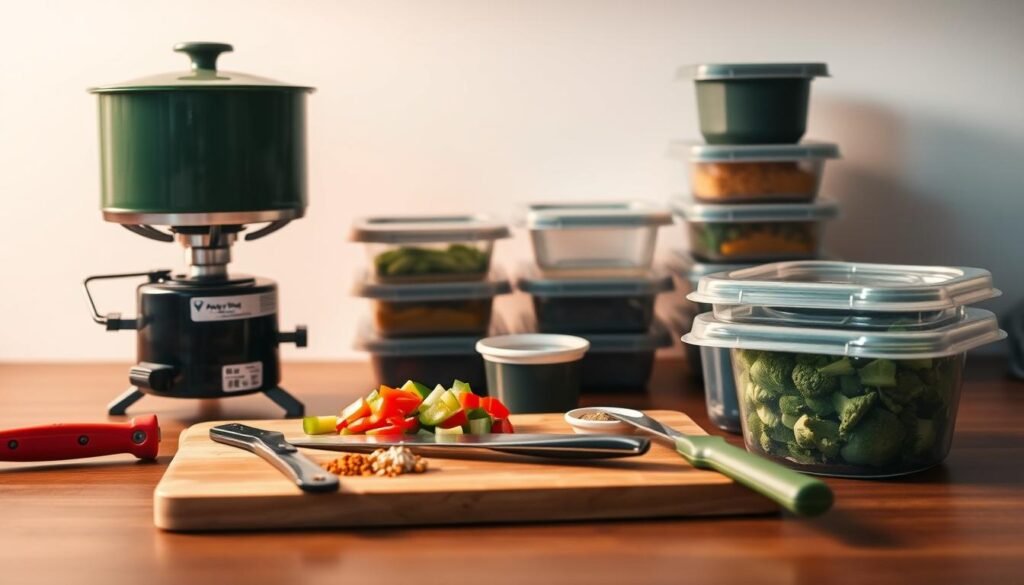A well-lit and organized kitchen counter displaying an array of camping meal prep equipment. In the foreground, a sturdy camping stove, a large pot, and a stack of reusable food containers. In the middle ground, a cutting board with freshly chopped vegetables, a sharp chef's knife, and a small bowl of spices. The background features a clean, minimalist backdrop, highlighting the functional and practical nature of the scene. The lighting is warm and natural, casting a soft glow over the setup, conveying a sense of preparedness and efficiency for a delicious camping meal. A well-lit and organized kitchen counter displaying an array of camping meal prep equipment. In the foreground, a sturdy camping stove, a large pot, and a stack of reusable food containers. In the middle ground, a cutting board with freshly chopped vegetables, a sharp chef's knife, and a small bowl of spices. The background features a clean, minimalist backdrop, highlighting the functional and practical nature of the scene. The lighting is warm and natural, casting a soft glow over the setup, conveying a sense of preparedness and efficiency for a delicious camping meal.