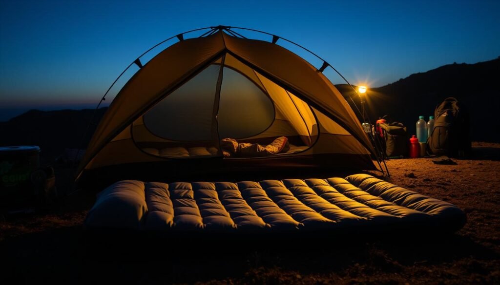 A well-lit campsite at dusk, with a sturdy dome tent pitched in the foreground, its silhouette casting long shadows across the ground. In the middle ground, a compact sleeping bag and inflatable sleeping pad are neatly arranged, ready for a cozy night under the stars. The background features a backpack, headlamp, and other essential gear like a multi-tool, compass, and water bottles, all arranged with a sense of organization and preparedness. The overall scene conveys a mood of adventure, tranquility, and the practical necessities for a comfortable and safe camping experience. A well-lit campsite at dusk, with a sturdy dome tent pitched in the foreground, its silhouette casting long shadows across the ground. In the middle ground, a compact sleeping bag and inflatable sleeping pad are neatly arranged, ready for a cozy night under the stars. The background features a backpack, headlamp, and other essential gear like a multi-tool, compass, and water bottles, all arranged with a sense of organization and preparedness. The overall scene conveys a mood of adventure, tranquility, and the practical necessities for a comfortable and safe camping experience.