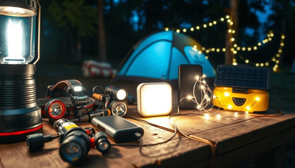 A well-lit campsite filled with an assortment of illuminating camping gear gadgets. In the foreground, a high-powered LED lantern casts a warm glow over a collection of headlamps, flashlights, and clip-on lights. In the middle ground, a portable power bank and a solar-powered charging station sit atop a weathered wooden table. In the background, a string of energy-efficient fairy lights outlines the silhouette of a nearby tent. The scene conveys a sense of practical preparedness and cozy ambiance, ideal for an outdoor adventure under the stars. A well-lit campsite filled with an assortment of illuminating camping gear gadgets. In the foreground, a high-powered LED lantern casts a warm glow over a collection of headlamps, flashlights, and clip-on lights. In the middle ground, a portable power bank and a solar-powered charging station sit atop a weathered wooden table. In the background, a string of energy-efficient fairy lights outlines the silhouette of a nearby tent. The scene conveys a sense of practical preparedness and cozy ambiance, ideal for an outdoor adventure under the stars.