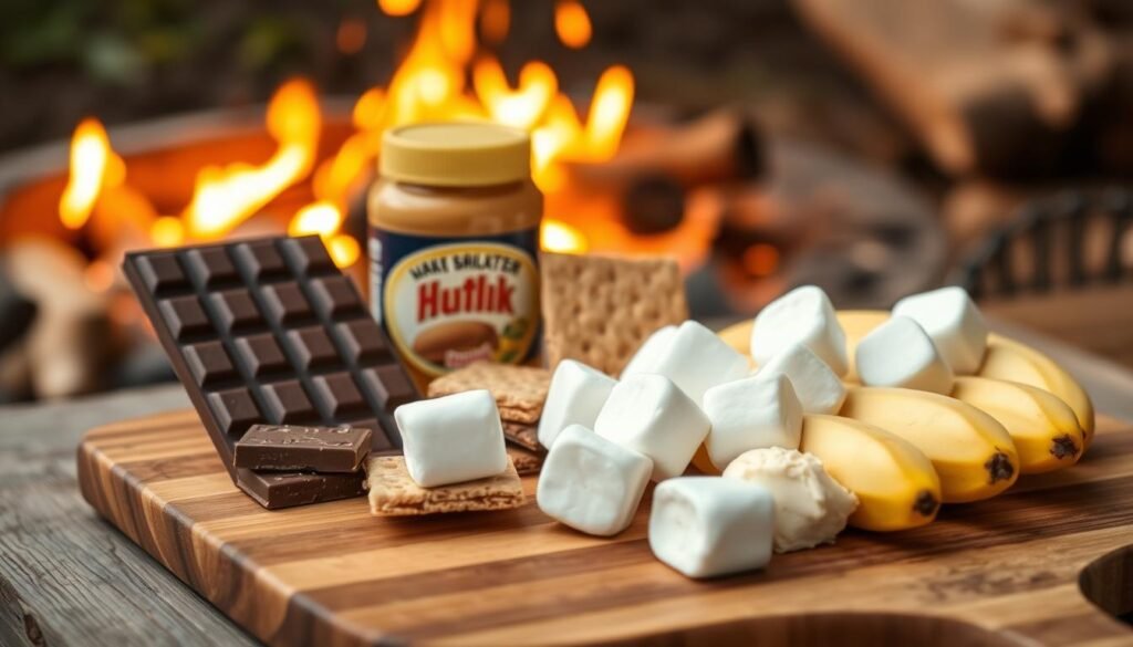 A well-lit, close-up image of a wooden cutting board filled with the essential ingredients for making a classic campfire banana boat dessert. In the foreground, ripe bananas, milk chocolate bars, and jumbo marshmallows are arranged neatly. In the middle ground, a handful of graham cracker squares and a jar of smooth peanut butter add textural contrast. The background is softly blurred, hinting at an outdoor campfire setting with flickering flames and shadows. The lighting is natural, creating warm, golden tones that evoke the cozy, nostalgic atmosphere of a perfect summer night under the stars. Use all english words